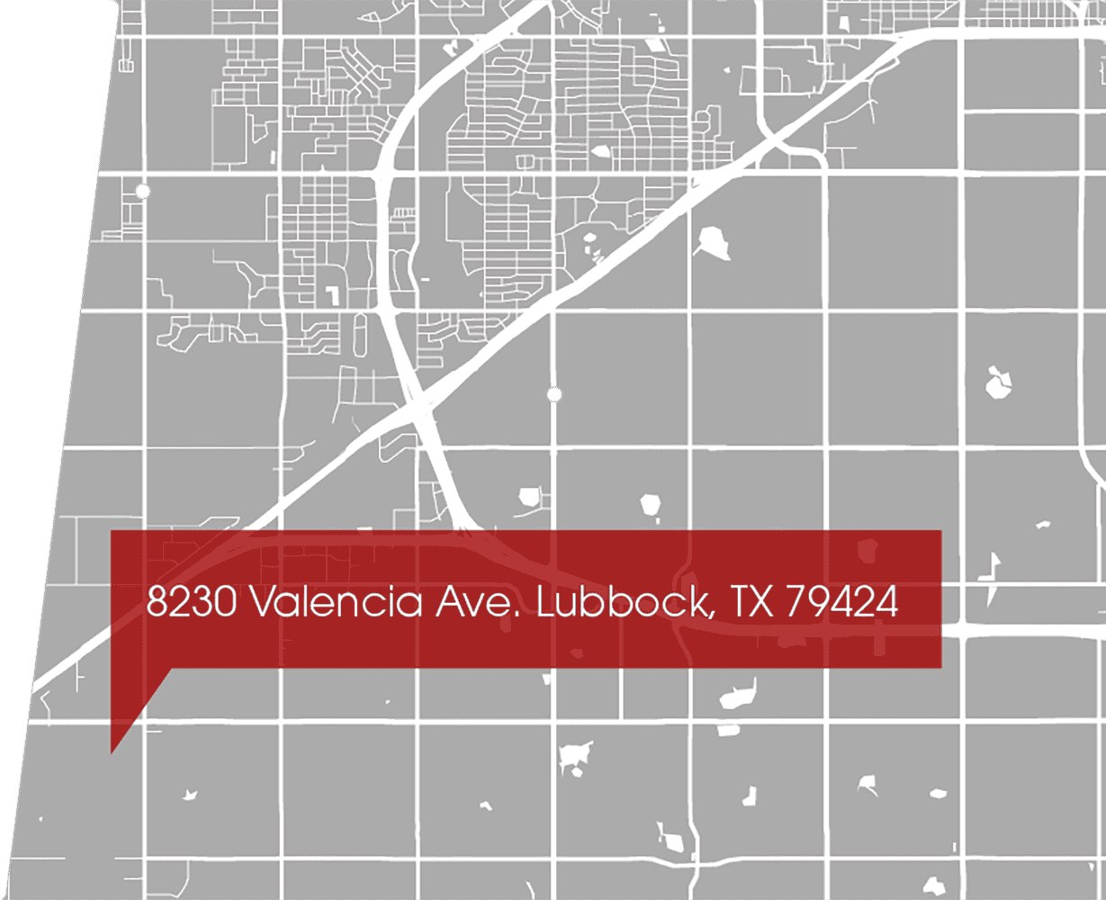A gray map of Lubbock, Texas, with a red location marker displaying the address: 8230 Valencia Ave., Lubbock, TX 79424.